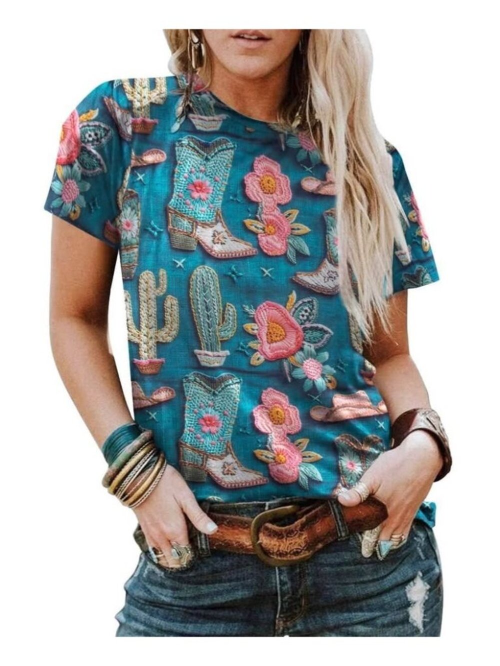 NWT Teal Western Printed Short Sleeve T-Shirt Sz L